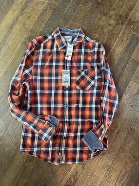 Men's Orange and Navy Plaid Button-Down Shirt
